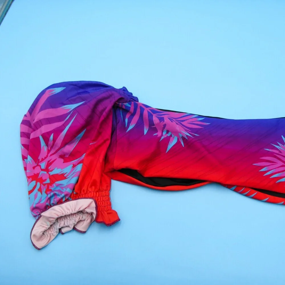 B Fyne XL Blue Red Floral Off The Shoulder‎ Ruffle Cropped Bikini Top Swimwear